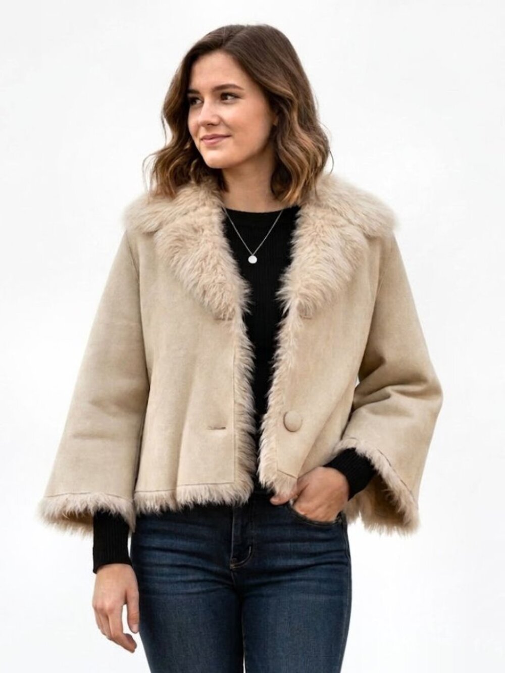 RED VALENTINO Reversible Genuine Shearling Capelet Beige, Size 44 NWOT